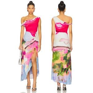 AMUR Ella Printed Jersey Maxi Dress Ruched Party Cocktail Art to Wear Boho Sz 4